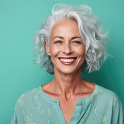happy, smiling woman in front of a teal background 